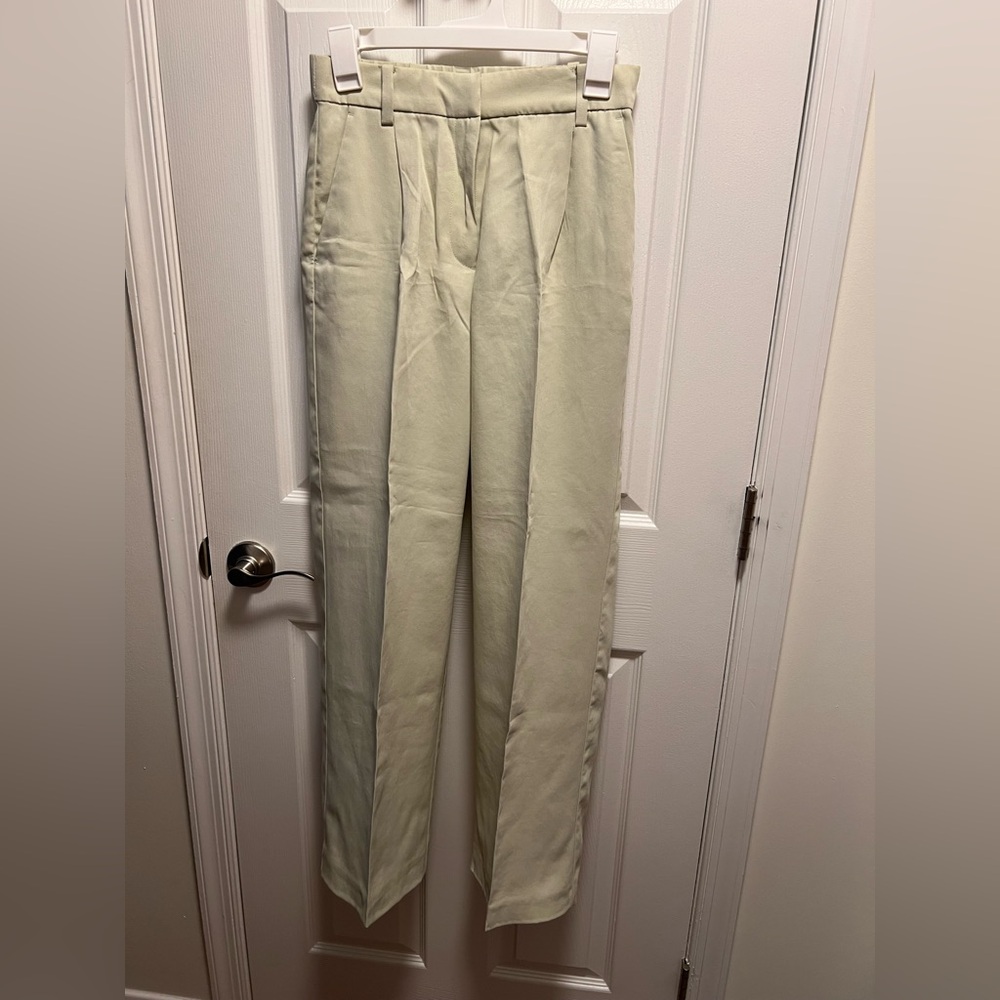 H&M Light Green High Waist Front Pleated Tapered Trousers